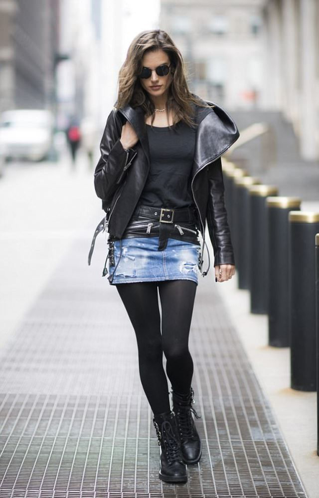 denim skirt tights and boots